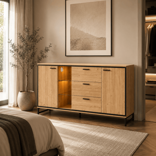 Commode 3 tiroirs en bois naturel et noir avec éclairage LED