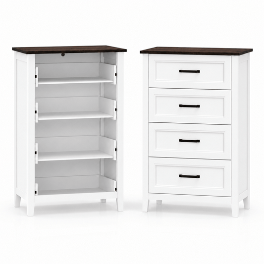 Commode 4 tiroirs blanche avec plateau effet bois – Meuble de rangement étroit