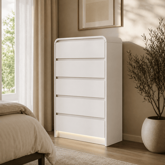 Commode 5 tiroirs blanche sans poignées – Meuble de rangement moderne