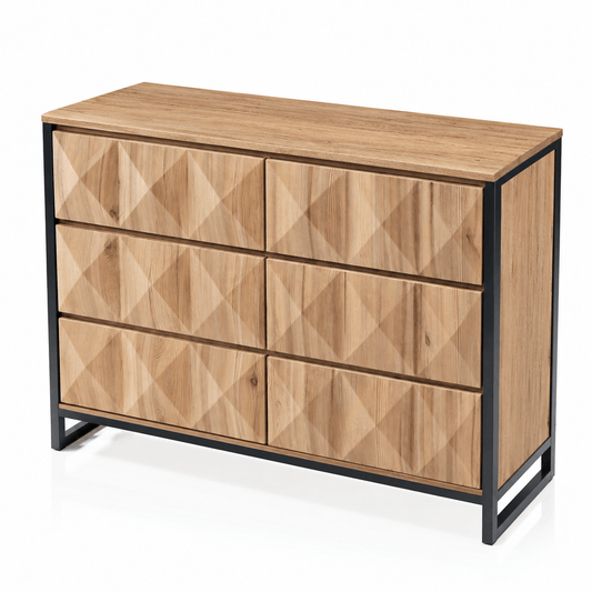 Commode 6 tiroirs en bois naturel et métal noir – Design industriel
