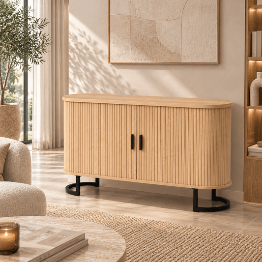 Commode bois naturel 2 portes coulissantes – 140 × 40 × 75 cm
