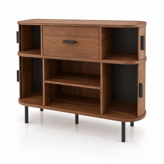 Commode en bois noyer à 5 tiroirs avec portes coulissantes