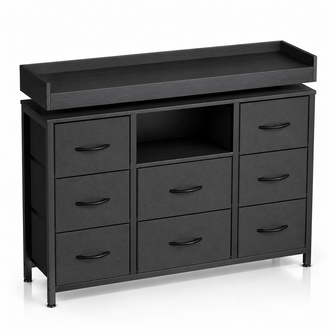 Commode 8 tiroirs noire avec LED – 108 × 30 × 82 cm