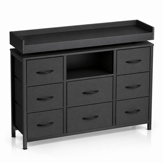 Commode 8 tiroirs noire avec LED – 108 × 30 × 82 cm