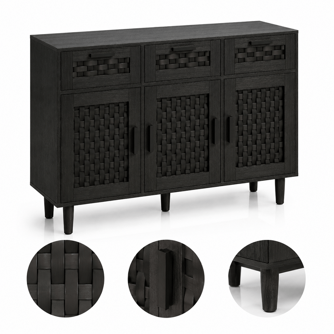 Commode en bois naturel – 3 tiroirs et portes