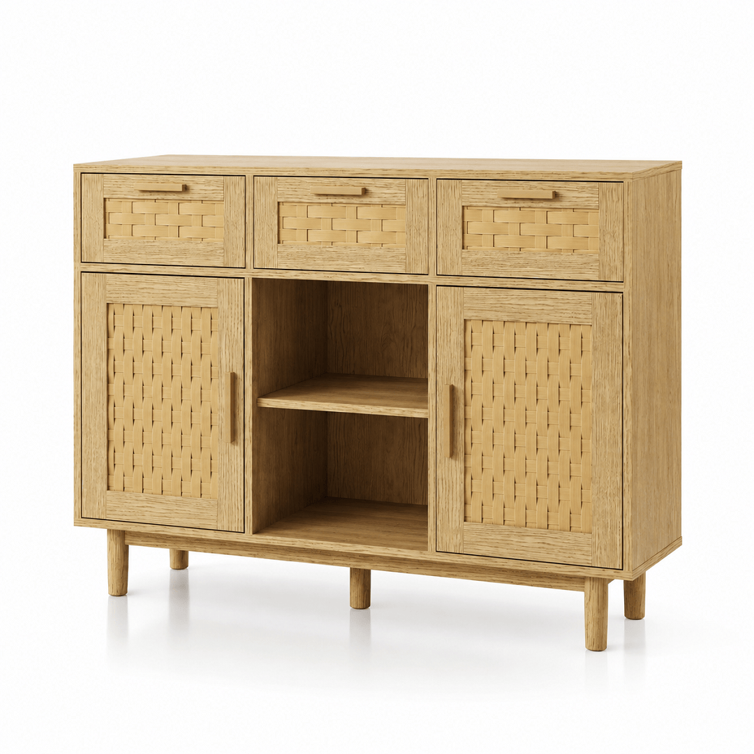 Commode en bois naturel – 3 tiroirs et portes