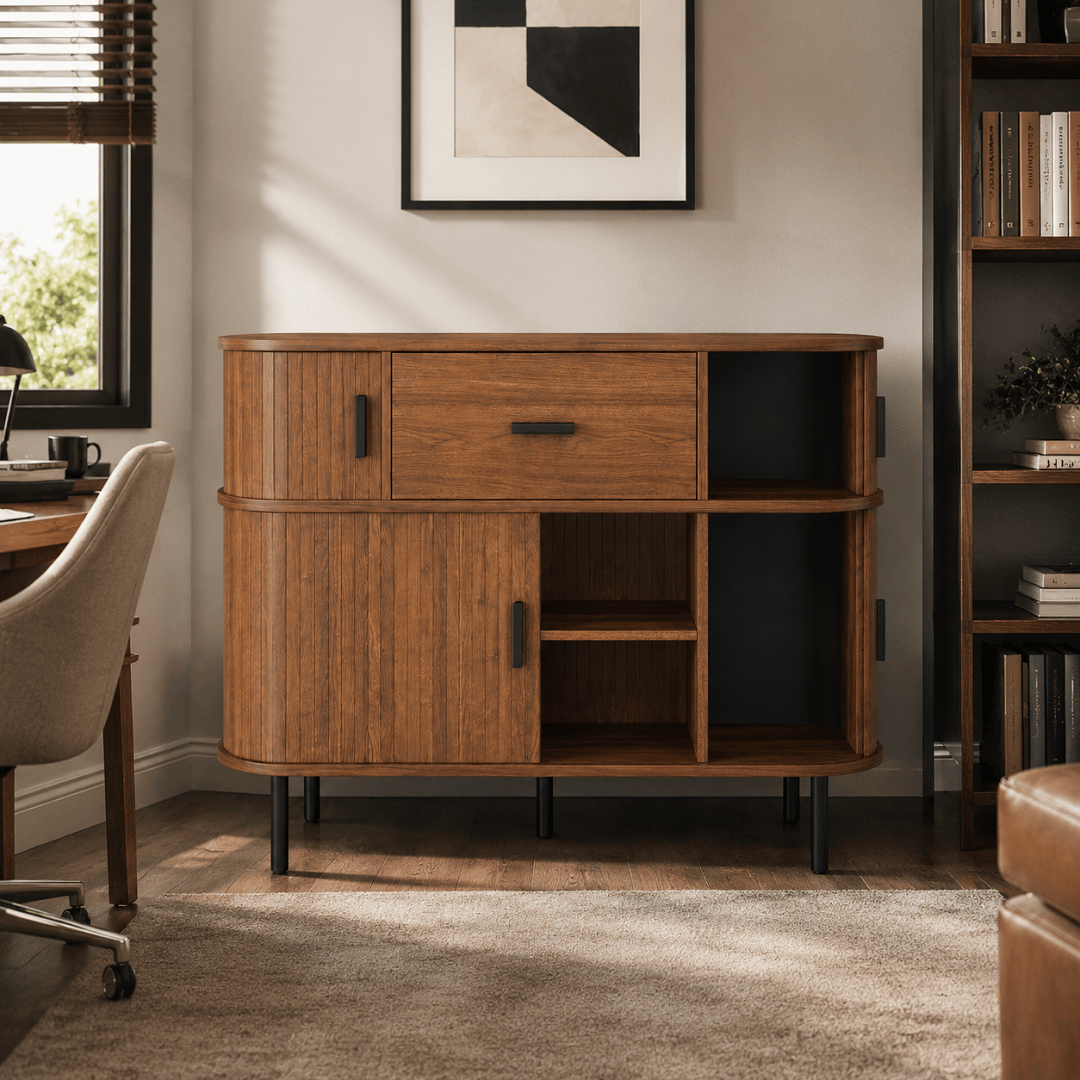 Commode en bois noyer à 5 tiroirs – Portes coulissantes