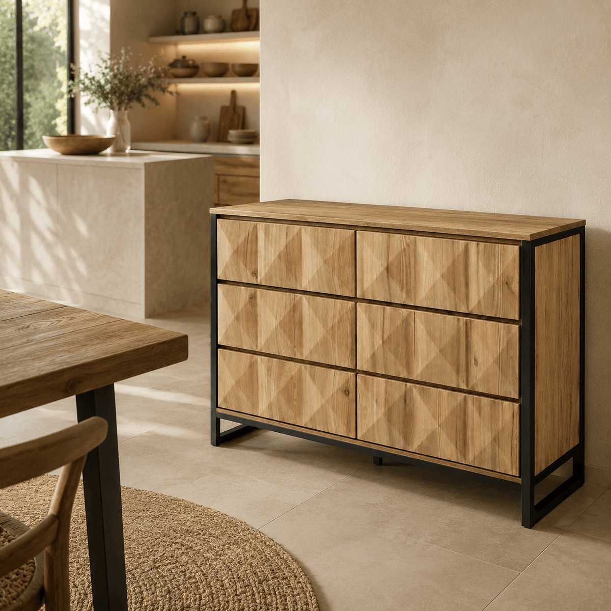 Commode 6 tiroirs bois naturel et métal noir | Moderne