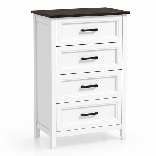 Commode 4 tiroirs blanche avec plateau effet bois – Meuble de rangement étroit