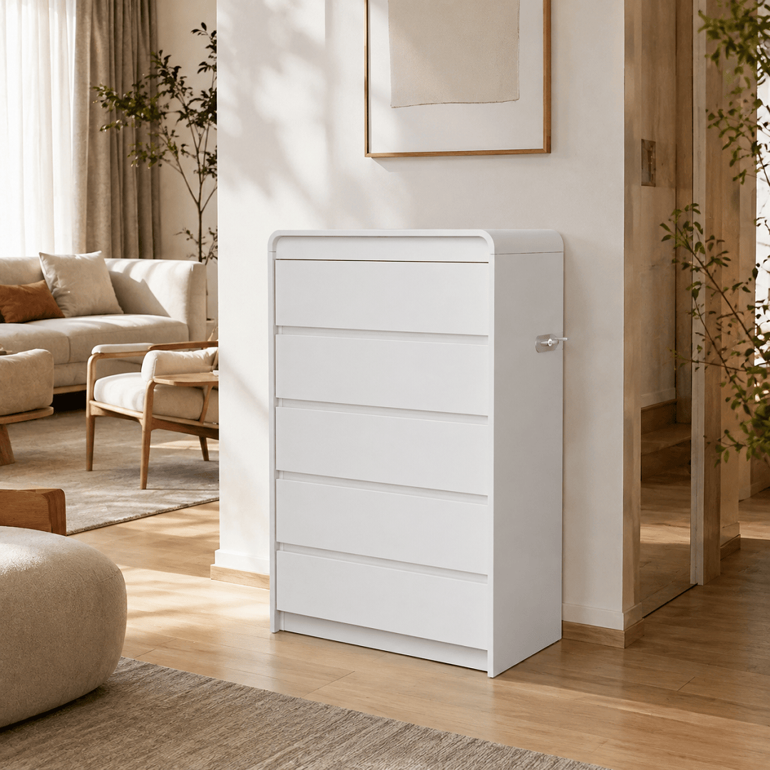 Commode 5 tiroirs blanche sans poignées | Comodela