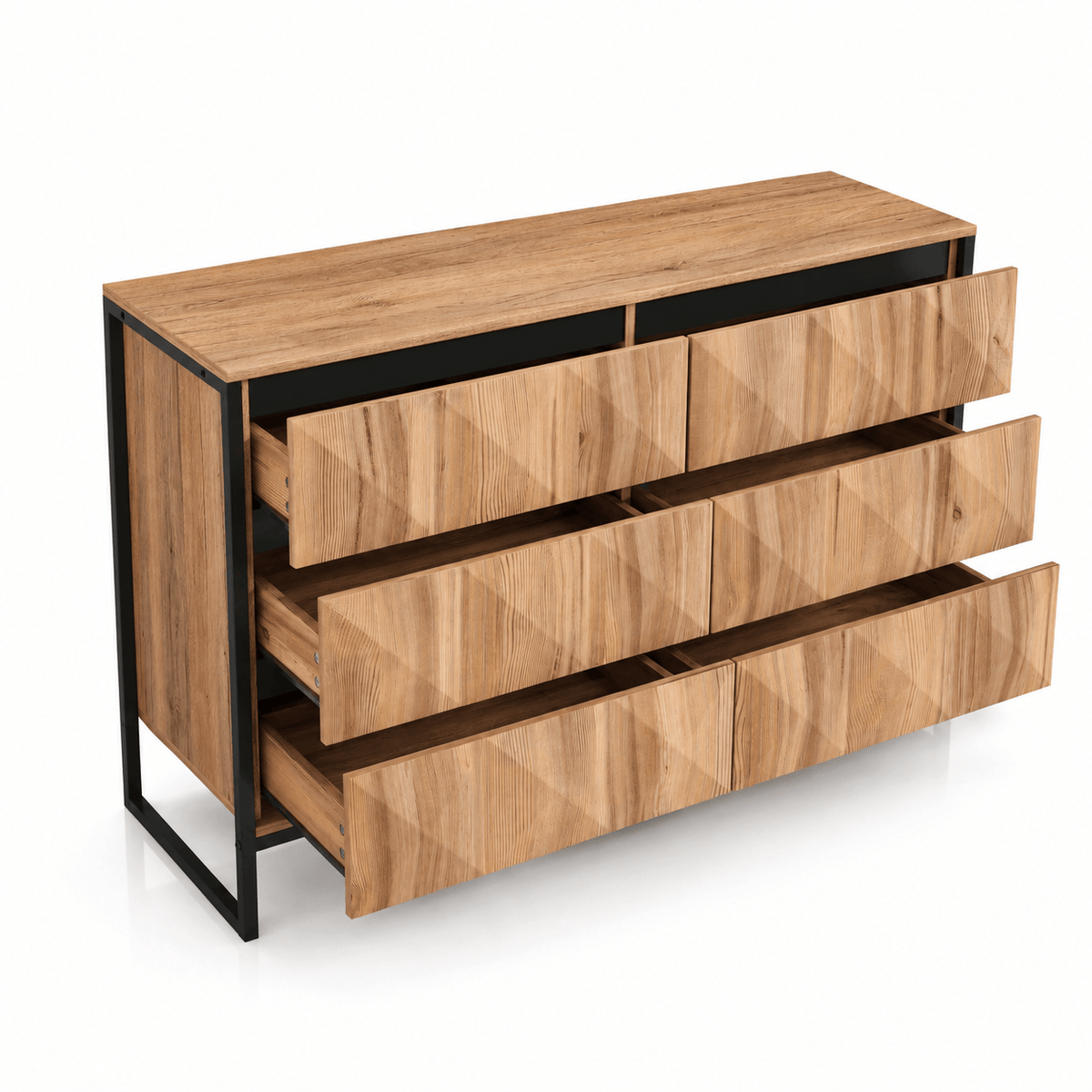 Commode 6 tiroirs bois naturel et métal noir | Moderne