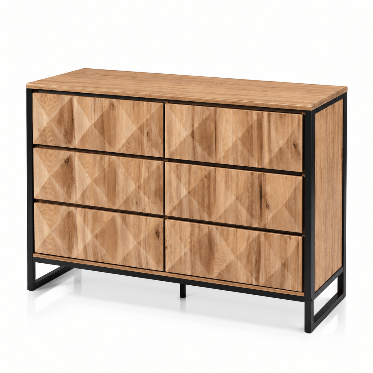 Commode 6 tiroirs bois naturel et métal noir | Moderne