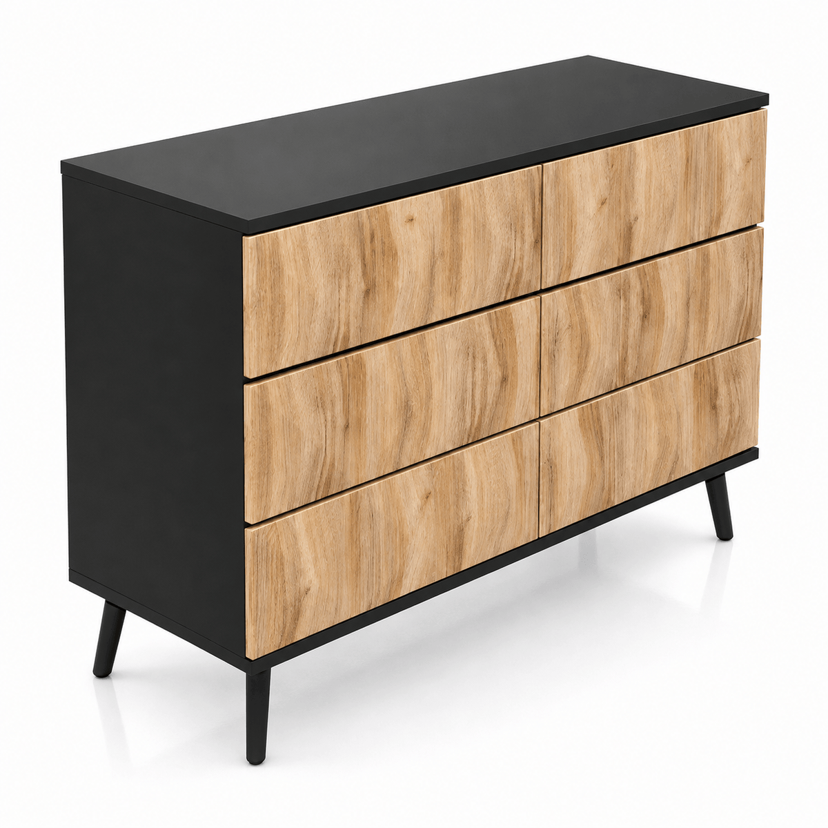 Commode 6 tiroirs bois naturel et métal noir | Moderne