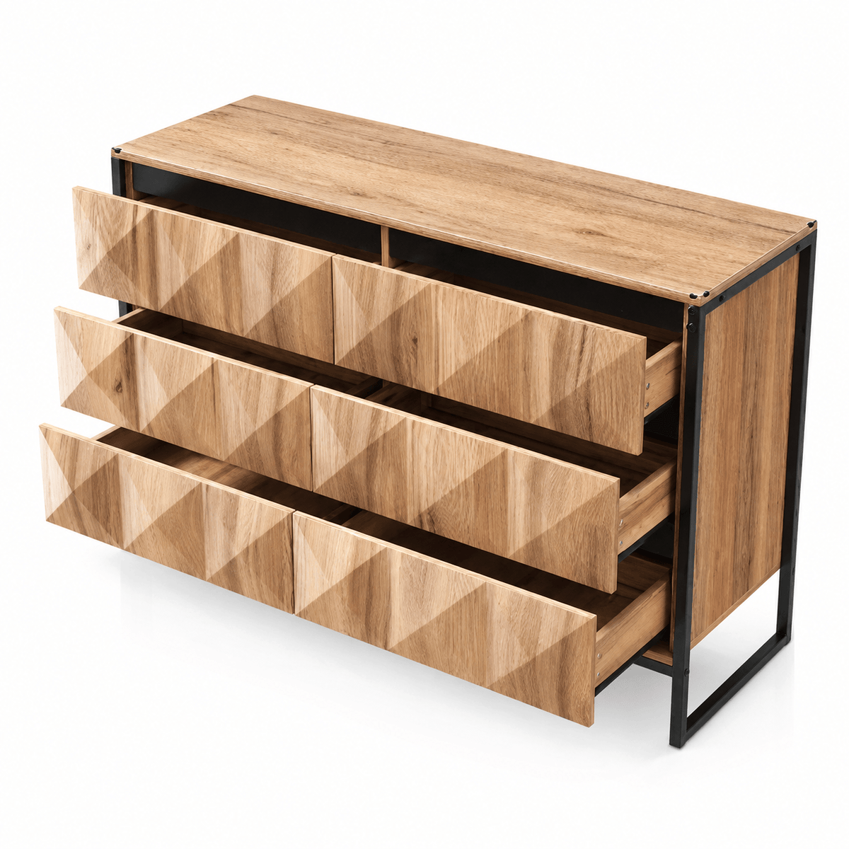 Commode 6 tiroirs bois naturel et métal noir | Moderne