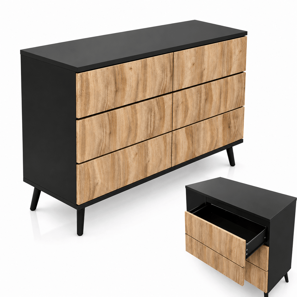 Commode 6 tiroirs bois naturel et métal noir | Moderne