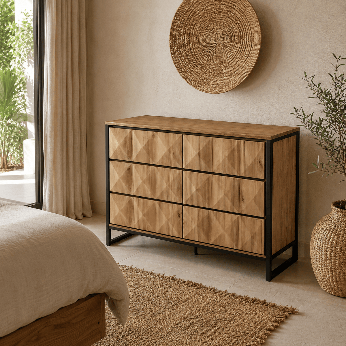Commode 6 tiroirs bois naturel et métal noir | Moderne