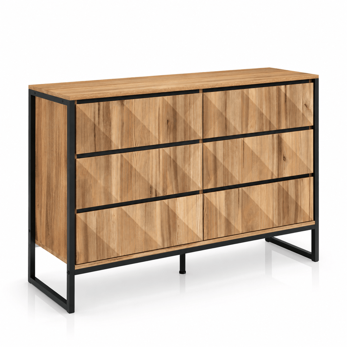 Commode 6 tiroirs bois naturel et métal noir | Moderne