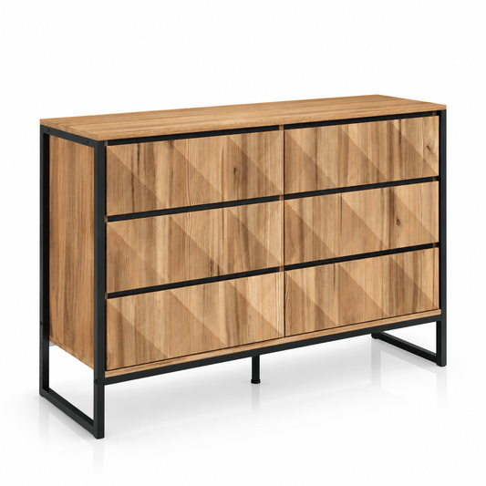 Commode 6 tiroirs bois naturel et métal noir | Moderne