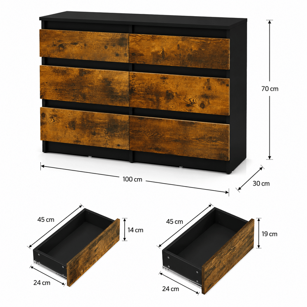 Commode 6 tiroirs chocolat en bois – 100 × 30 × 70 cm