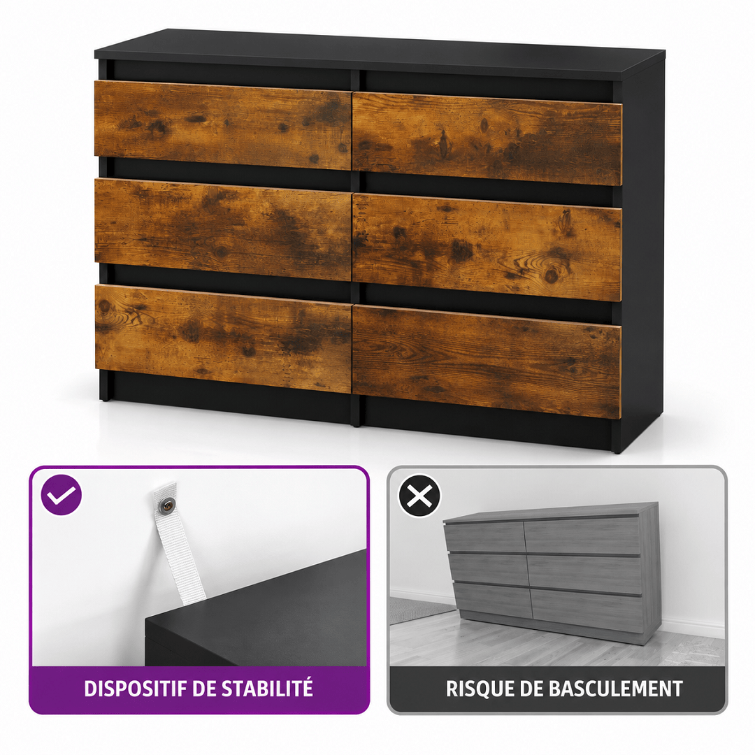 Commode 6 tiroirs chocolat en bois – 100 × 30 × 70 cm