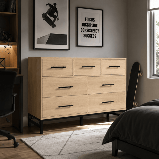 Commode 7 tiroirs chêne naturel – Grand rangement pour chambre