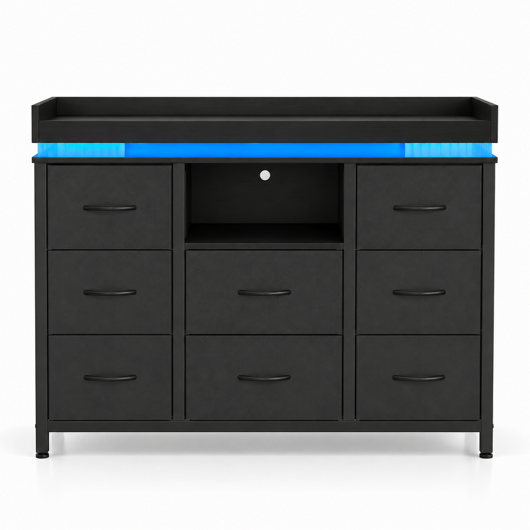 Commode 8 tiroirs noire avec LED – 108 × 30 × 82 cm