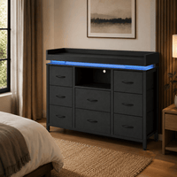 Commode 8 tiroirs noire avec LED – 108 × 30 × 82 cm