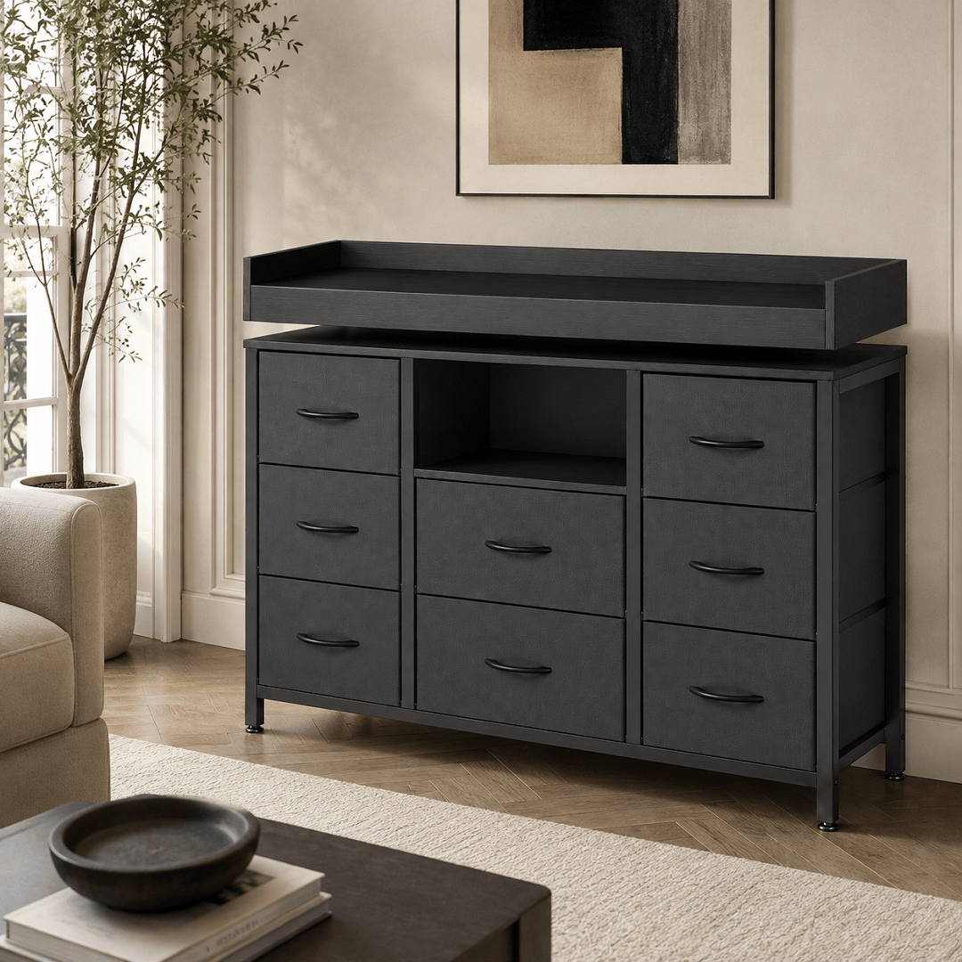 Commode 8 tiroirs noire avec LED – 108 × 30 × 82 cm