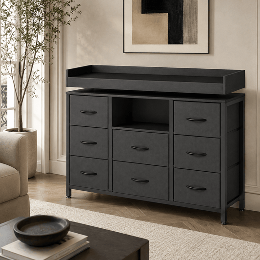 Commode 8 tiroirs noire avec éclairage LED – 108 × 30 × 82 cm