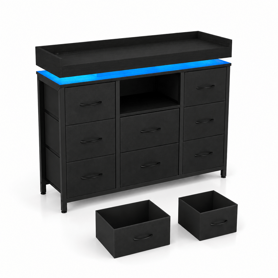 Commode 8 tiroirs noire avec LED – 108 × 30 × 82 cm