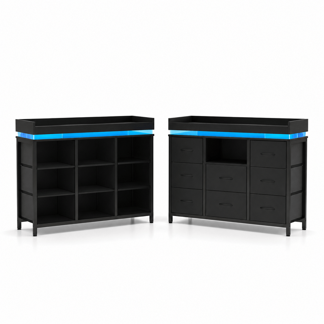 Commode 8 tiroirs noire avec LED – 108 × 30 × 82 cm