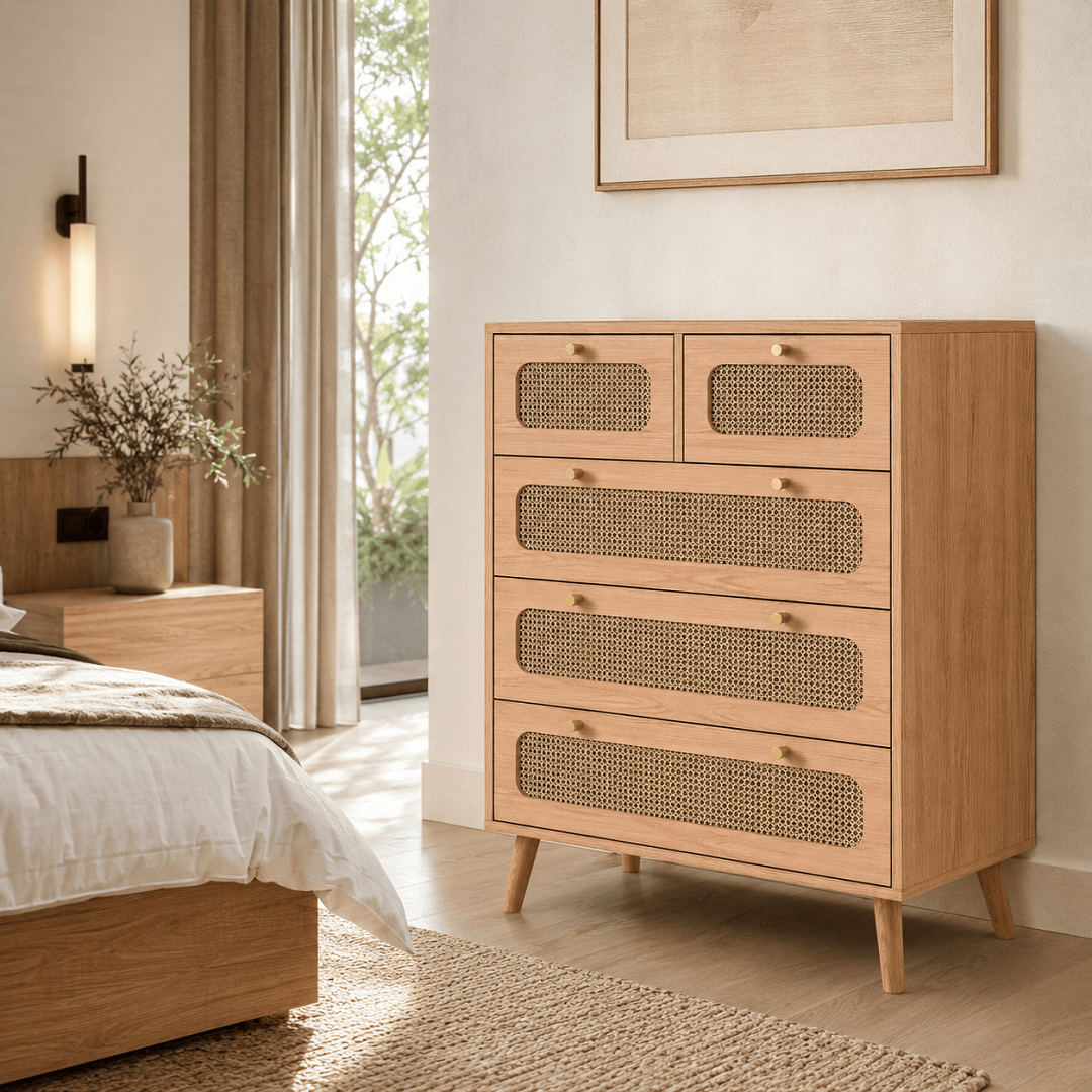Commode bois et rotin – 5 ou 6 tiroirs