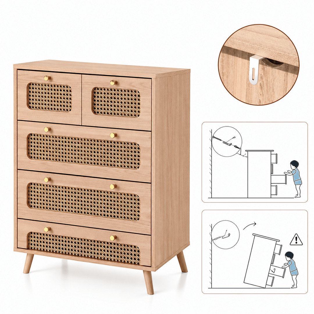 Commode bois et rotin – 5 ou 6 tiroirs