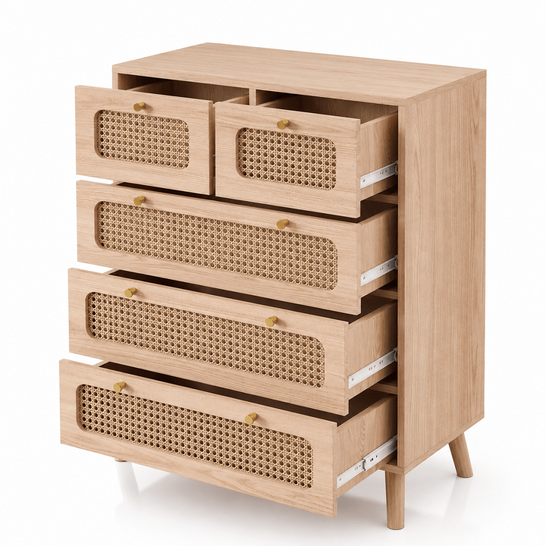 Commode bois et rotin – 5 ou 6 tiroirs