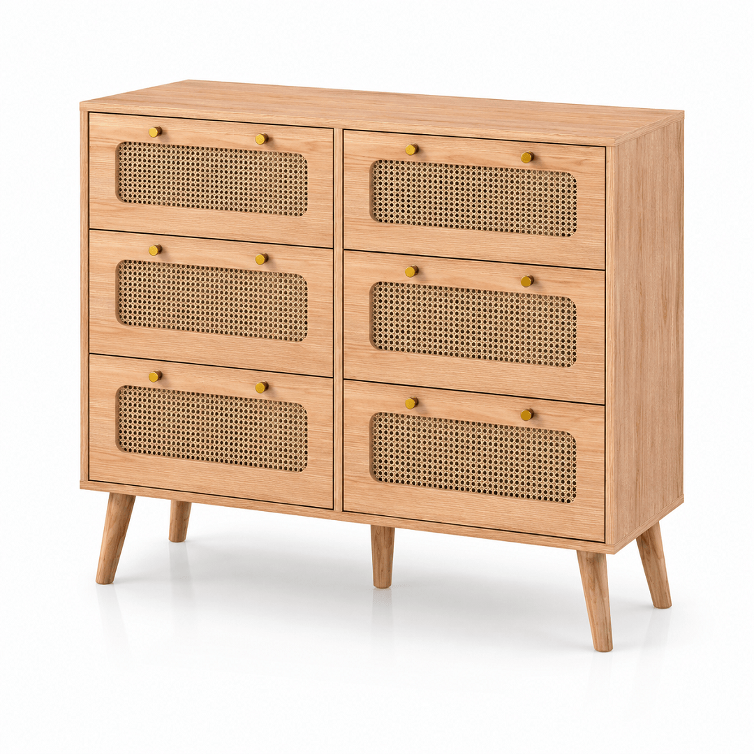 Commode bois et rotin – 5 ou 6 tiroirs