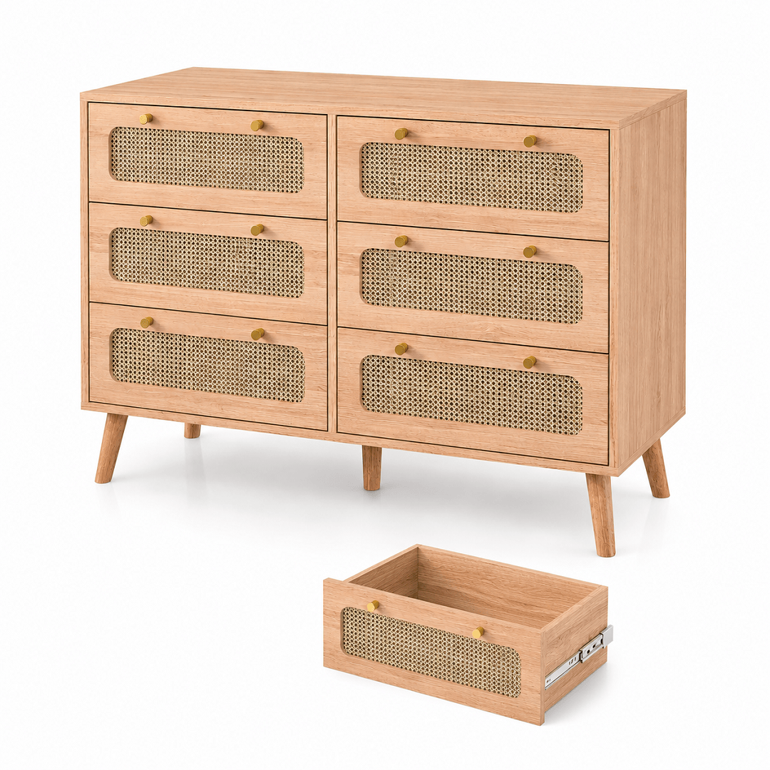 Commode bois et rotin – 5 ou 6 tiroirs