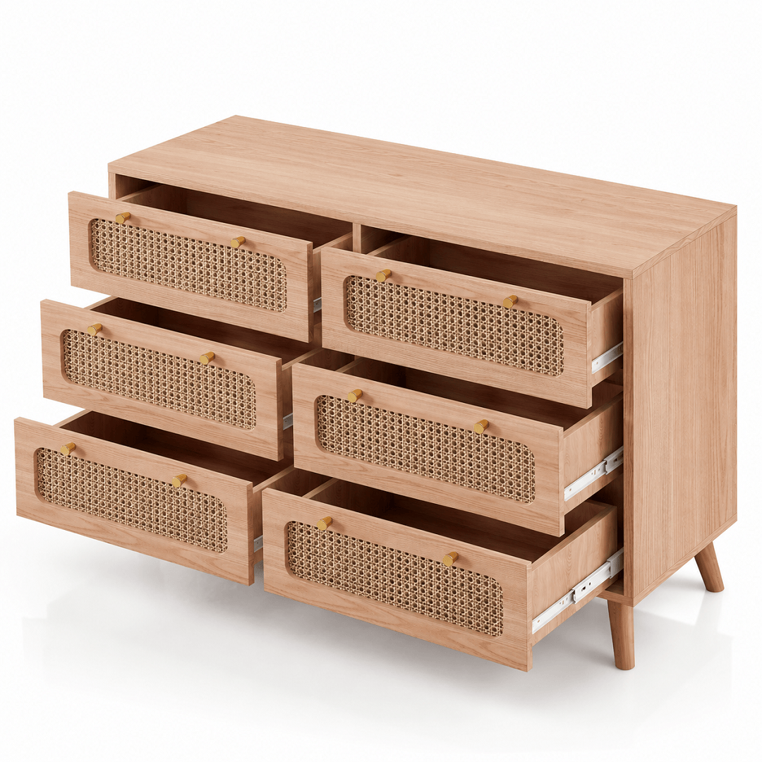 Commode bois et rotin – 5 ou 6 tiroirs