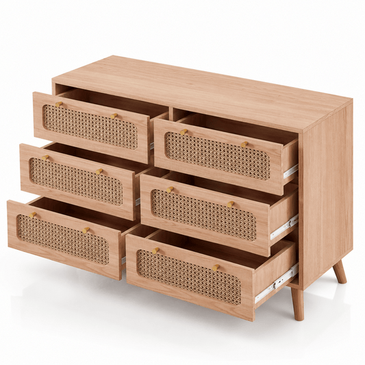 Commode en bois et rotin – 5 ou 6 tiroirs, finition naturelle