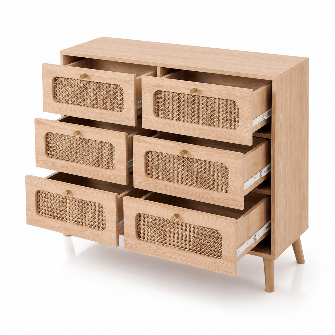 Commode bois et rotin – 5 ou 6 tiroirs