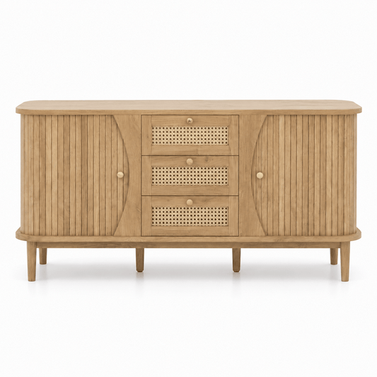 Commode en bois avec portes coulissantes et 3 tiroirs – Finition rotin