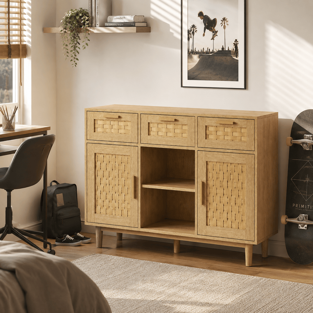 Commode en bois naturel – 3 tiroirs et portes