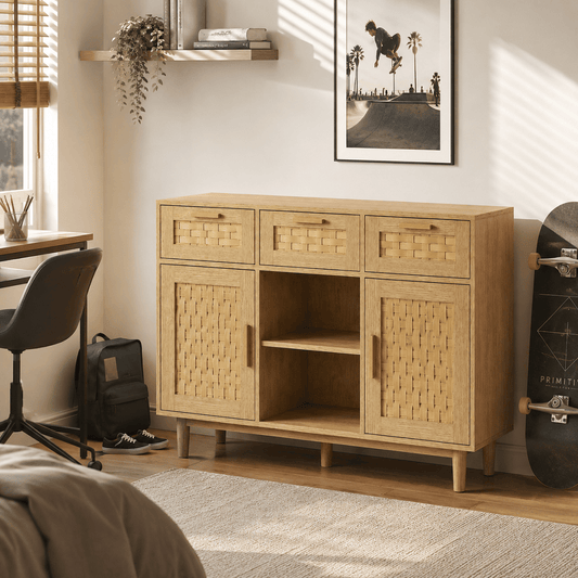 Commode en bois naturel avec 3 tiroirs et portes coulissantes