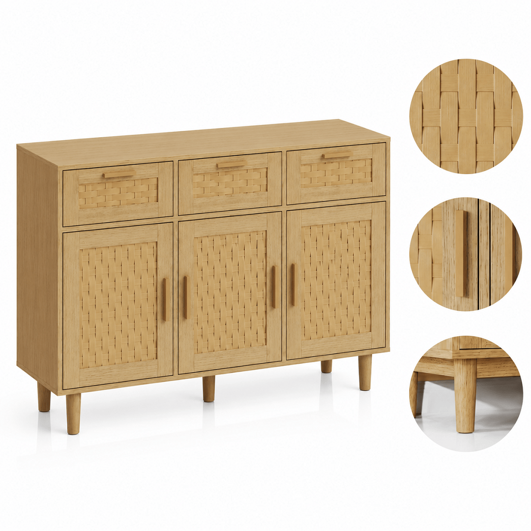 Commode en bois naturel – 3 tiroirs et portes