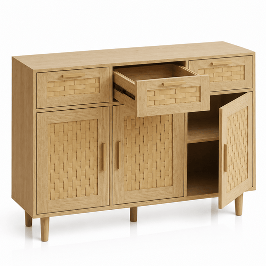 Commode en bois naturel – 3 tiroirs et portes