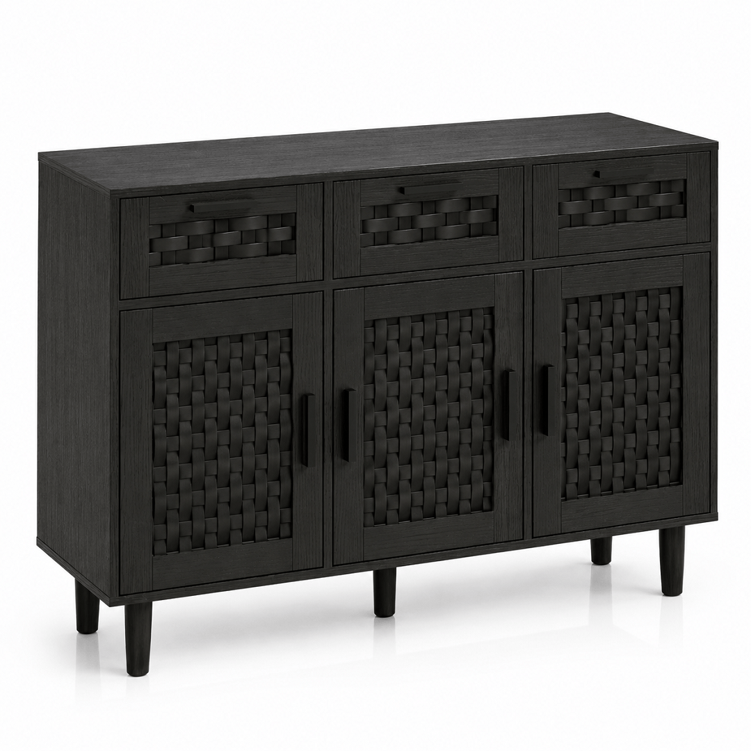 Commode en bois naturel – 3 tiroirs et portes