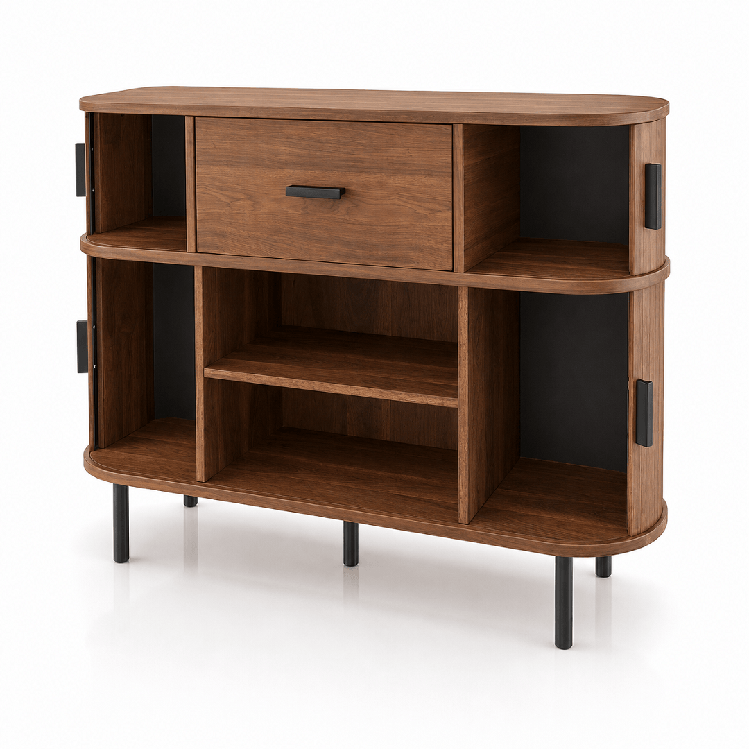Commode en bois noyer à 5 tiroirs – Portes coulissantes