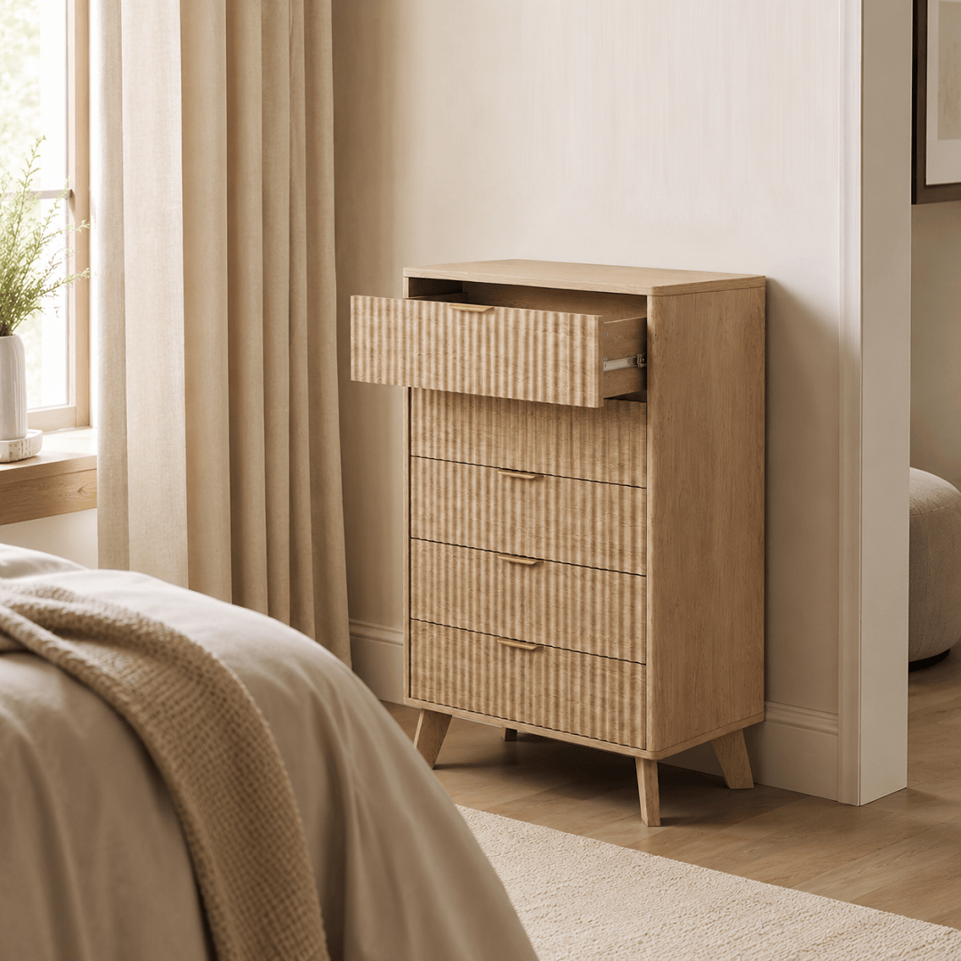 Commode haute 5 tiroirs chêne – 73 × 40 × 108 cm