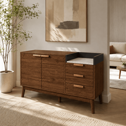 Commode salon en chêne avec 3 tiroirs, 2 portes et plateau effet marbre