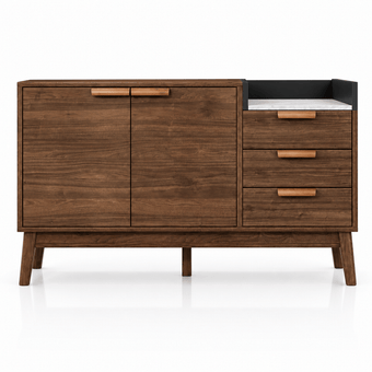 compare product Commode salon en chêne avec 3 tiroirs, 2 portes et plateau effet marbre